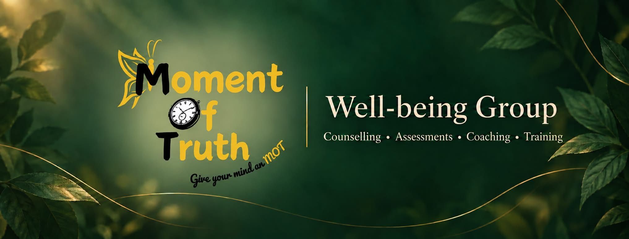 Moment of Truth Well-being Group banner with its logo and counselling, assessments, coaching and training services