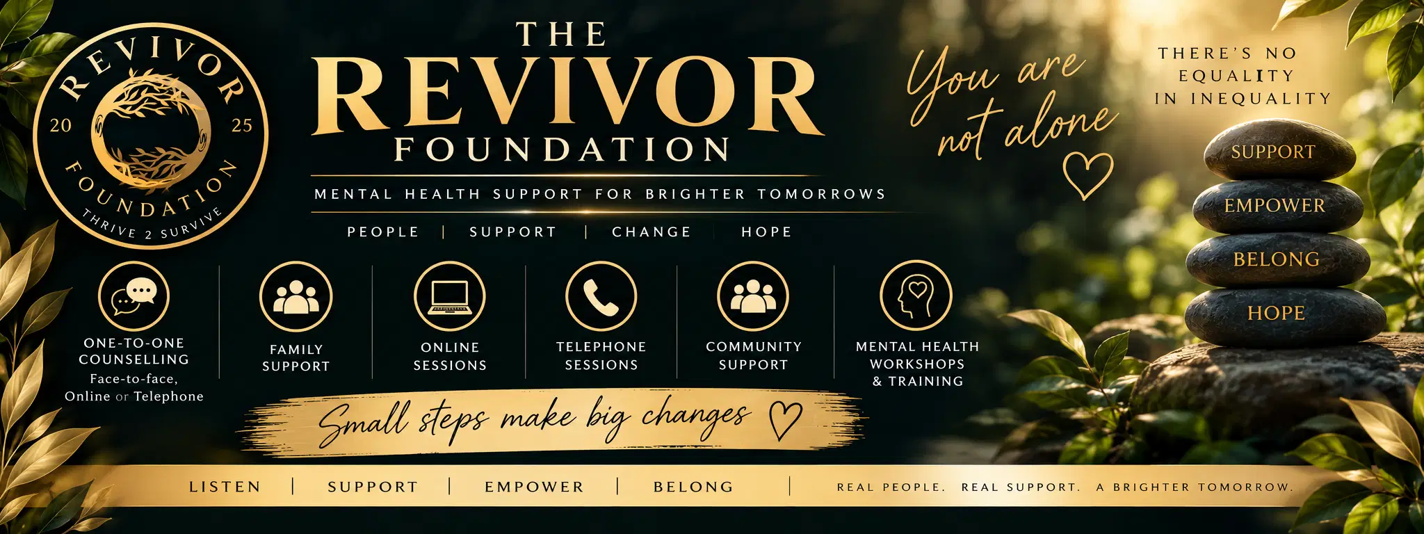 The Revivor Foundation banner with its logo, mental health support message and community services